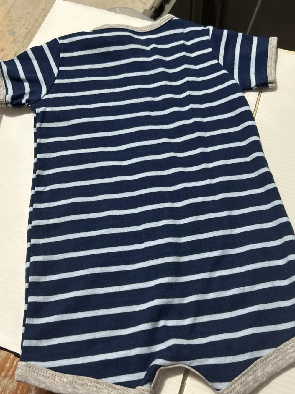 Carter's Navy & Light Blue Striped Baby Romper with Gray Pocket and Green Dino